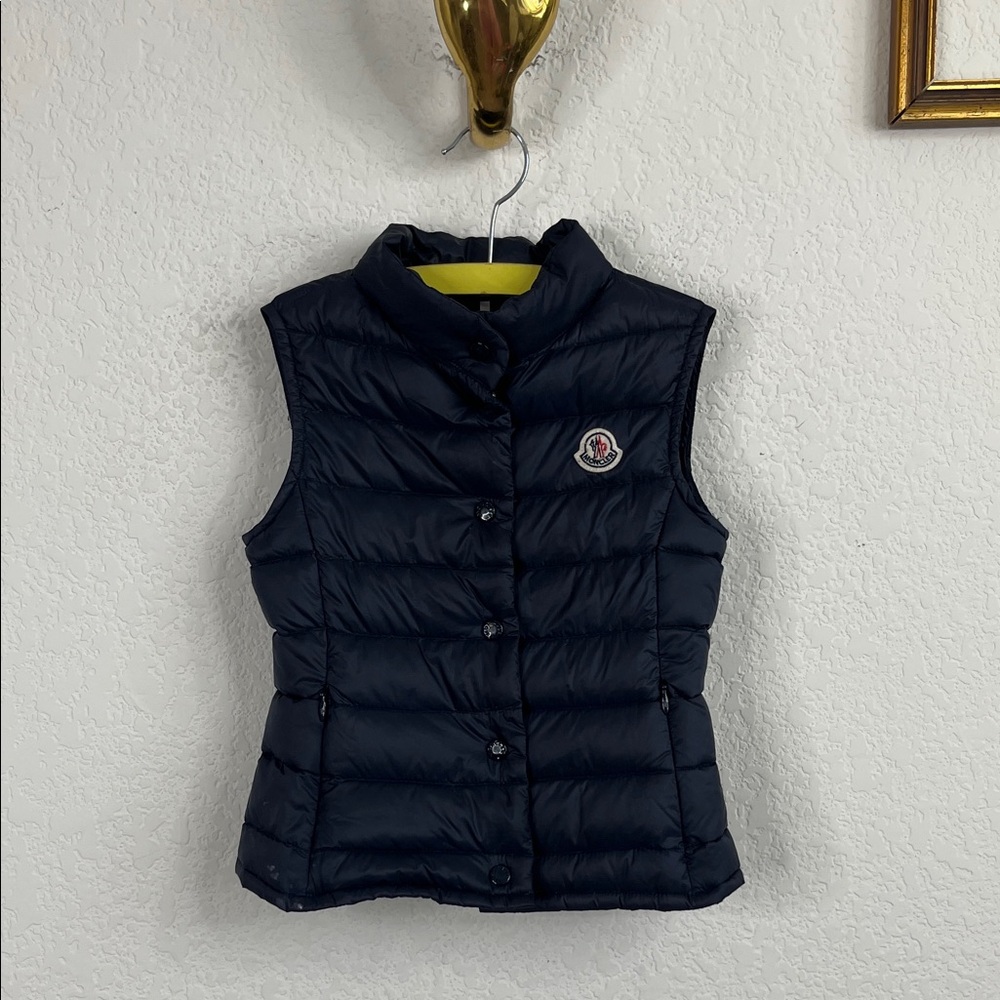 Moncler Liane Packable Down Vest Quilted Polo Zipper Snap Front High Collar Neck